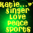 Yellow pixelated text on green background reads 'Katie... singer love peace sports' with a small heart symbol, displayed in four identical