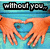 Two hands form a heart shape against a blue background with text reading "without you... my heart is incomplete." in black pixelated font.