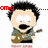 Pixelated cartoon character with black spiky hair, wide white eyes, and open mouth; wearing green shirt over brown vest; holding object in right hand; red text above head.