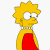 Pixelated character with spiky yellow hair, large white eyes with black pupils, and a red dress over a yellow top against plain background.