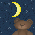 Pixelated night scene with four brown teddy bears and yellow crescent moons/sun against dark blue starry background.