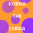 Pixelated orange background with overlapping purple circles and white text reading KUBRA THE COBRA repeated in a pattern