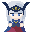 Pixel art character with silver hair, blue eyes, and dark blue horns wearing a blue outfit with gold accents on gray background.