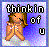 Pixelated static buddy icon featuring a cartoon character with long brown hair and orange clothing against a purple gradient background, with text reading "thinkin of u" in blocky pixel font.