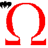 Red omega symbols with black bat silhouettes in various positions against a gray background.