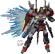 Pixelated mecha with gray body, red accents, yellow highlights, and blue energy effects on left side.
