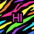 A static image with four distinct sections: top-left has pink 'HI' text on a black background with colorful diagonal stripes; top-right shows green 'IM' text on a pink patterned background; bottom-left displays red 'OLIVIA' text on a rainbow striped background; bottom-right is a solid gray square.