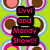Pixelated graphic with pink text on black blocks over a green background featuring circular brown and white shapes.