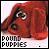 Pixelated red dog face with large eyes and floppy ears, text 'POUT PUPPIES' below in blocky black letters on white background.