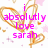 Pixelated pink text reads 'i absolutly love sarah' over orange heart outlines and pink stars on white background.