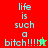 Pixelated text 'life is such a bitch!!!!' with star symbols on red, green, and brown backgrounds.