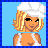 Pixel art contact sheet of a blonde female character in four frames showing full body, torso, legs, and text.
