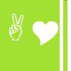 Green background with white peace sign and heart icons on left and right sides.