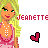Pixelated cartoon woman with blonde hair, green eyes, and pink dress; red text "JEANETTE" above her; two heart icons below.