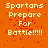 Orange background with pixelated white text reading "Spartans Prepare For Battle!!!!!" repeated across multiple , some showing red speckle effects