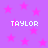Purple background with pink stars and four instances of the text 'TAYLOR' in white pixelated font.