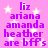 A static image with a pink background and white stars, displaying purple text listing names and 'are bffs' in two identical vertical