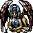 Pixel art of a winged figure with layered blue, yellow, and brown headpiece wearing white top and orange-yellow lower garment against gray background.