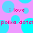 Pixelated pattern of cyan circles on pink background with repeated pink text "i love polka dots!" in lowercase.