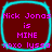 Four identical square with cyan borders display pink text on a dark red background, each reading "Nick Jonas is MINE xoxo lyssa"