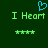 Green pixelated text "I Heart" with a blue heart symbol above, five green star-like shapes below, on a dark green background.