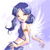 Pixelated image of a figure with long dark blue hair, light skin, and a pink and white outfit against a light purple background.