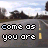 A 4x3 contact sheet of a pixelated animated icon showing the phrase "come as you are" on a road background with yellow lane markings, where each frame displays subtle text color variations across sampled frames.
