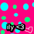Pixelated icon with bright pink background, scattered cyan and green circles, black text 'ily <3', and a small white heart outline.