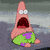 Animated pink starfish with wide eyes and open mouth, wearing green shorts with purple stains, standing on a gray surface.