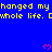 Blue background with yellow text repeating 'hanged my hanged my hanged my whole life. D' and pink heart symbols scattered across the scene.