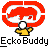 Pixelated static icon featuring a yellow stick figure with white head and black outline beneath red circular logo, below which is bold text reading "Ecko Buddy" on gray background.