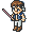 Pixel art character with brown hair and blue eyes holds pink-and-white striped staff, wearing blue vest over white shirt and light pants.