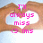 Two hands form a heart shape against a light blue background with white clouds, overlaid with pink pixelated text reading "I'll always miss <3 lms".