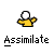 Pixel art animation of two figures with white spherical heads, one in yellow shirt and one in gray shirt, performing assimilation gestures against gray background.