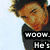 Two pixelated figures with text overlays; one wears dark clothing with 'woow.' text, the other wears a suit and sunglasses with 'He's sexy much?' text.