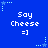 Blue background with repeated white text "Say Cheese =]" and light blue star shapes with dotted trails.