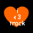 Four orange heart-shaped icons with white text 'i <3 track' on a black background, each showing different animation states.