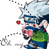 Pixelated anime character with spiky silver hair, blue headband, and green vest winking while holding a pink flower, with a red heart and "Oh my" text nearby.