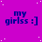Static image with purple background, white dots, and repeated dark blue text "my girlss :]" in a pattern