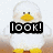 Pixelated white bird with yellow beak and feet, displaying three text overlays: LOOK!, IM WEBKINZ!, IM CUTE!
