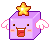 Pixel art icon of a purple cube with wings, star on top, and open mouth expression.