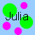 Pixelated text 'Julia' in black font overlaid on light blue background with scattered green and pink circular shapes.