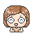 Pixel art avatar with brown bobbed hair, large white eyes with blue pupils, pink cheeks, and a peach top, showing five distinct expressions and hair animations.