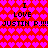 Red and pink heart-patterned background with repeated text "I LOVE JUSTIN P.!!!!" in black pixelated font.