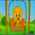 Yellow cartoon bird with orange feet sits inside a glass dome on grassy background, then appears as large yellow chick floating in water under pink clouds.