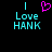 Pixelated cyan text 'I Love HANK' with a pink heart symbol above the word 'Love', displayed on black background.