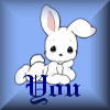 nine blue-tinted each featuring a white cartoon rabbit with pink inner ears, positioned in various poses and paired with stylized text