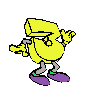 Yellow cartoon character shaped like the number 3 with gray limbs, purple shoes, and green ankle bands in various poses on a light gray background.