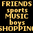 Pixelated text with four color backgrounds showing FRIENDS, sports, MUSIC, boys, SHOPPING in yellow on black, teal, cyan, and dark teal
