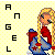 Pixelated static icon featuring a blonde anime-style character with long hair holding a guitar, next to vertically stacked text spelling "ANGEL" on a yellow dotted background.